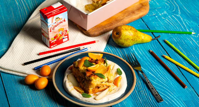 Chlebový puding s mliečkom Lipánek a vanilkovým krémom