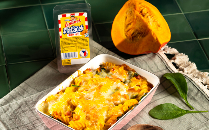 Zapečené těstoviny s dýní, Lipánkem Zlatáčkem, šunkou, špenátem a krémovou dýňovou omáčkou